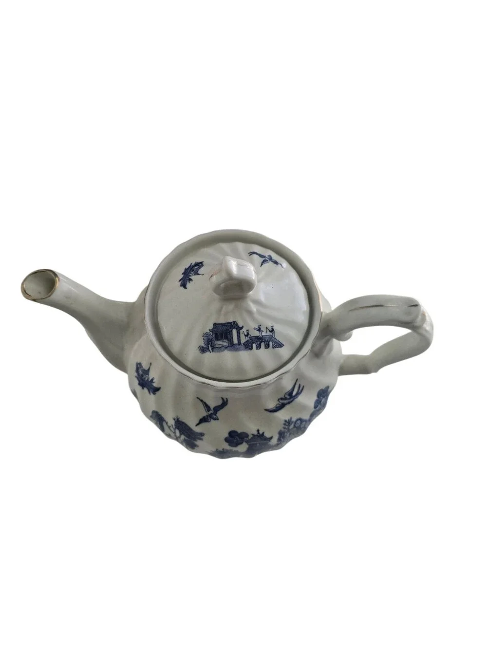 Vintage Japan Blue Willow Style Porcelain Teapot Cottagecore Chinoiserie Decor